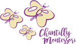 Yellow Butterflies with purple text that reads "Chantilly Montessori"